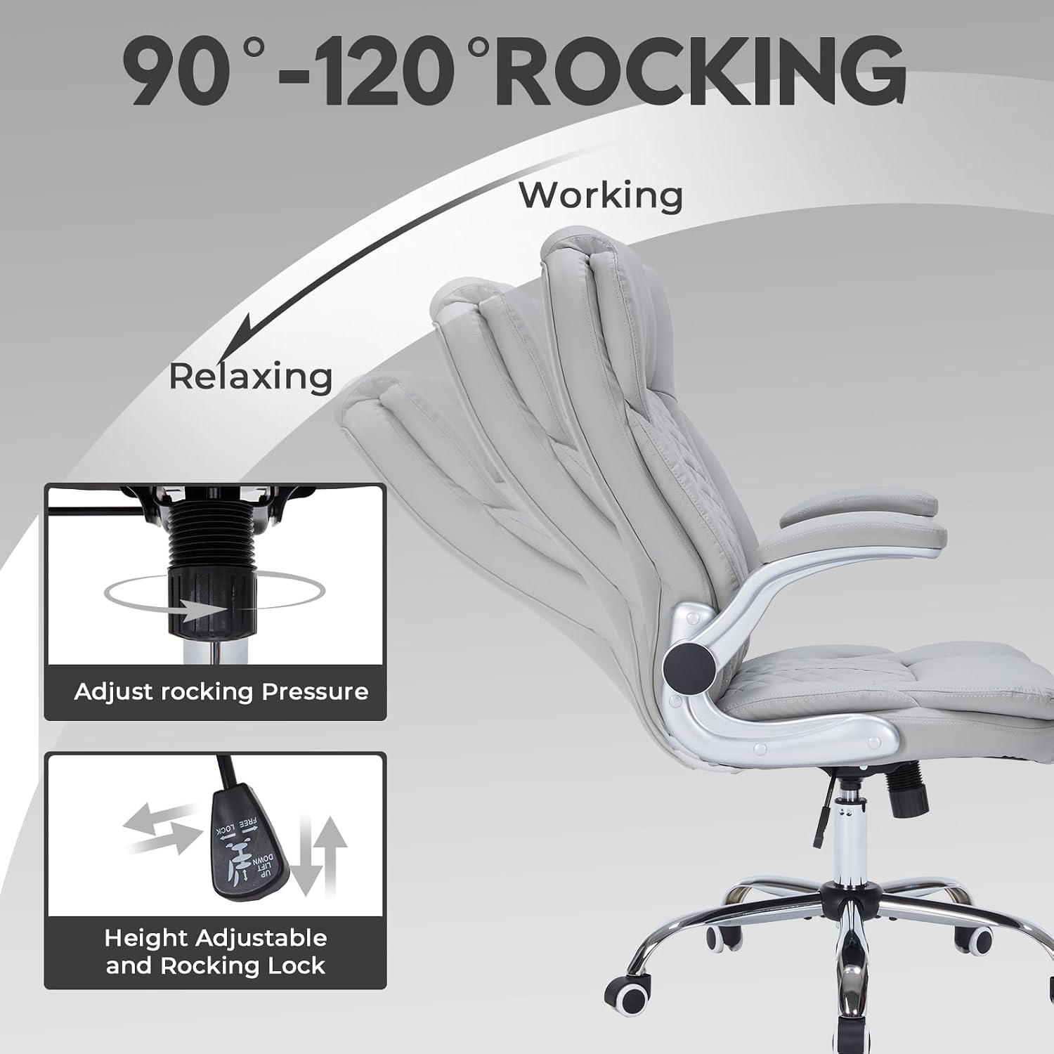 400lbs Executive Office Chair with Flip-Up Armrests, Big and Tall Computer Chair for Heavy People, Heavy Duty Ergonomic Comfy Chair, Breathable PU Leather (Grey)