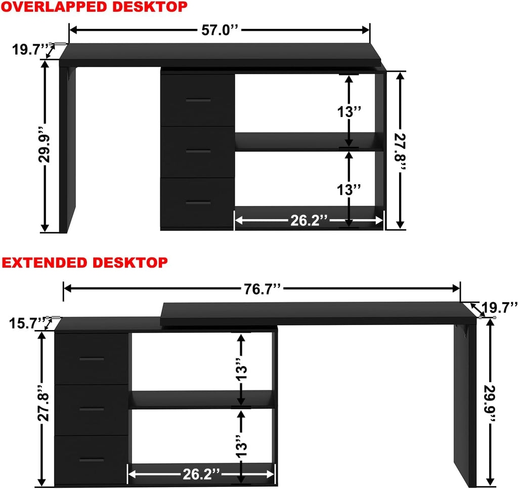 HSH Black L Shaped Computer Desk with Drawers, Home Office Desk with Storage Cabinet Shelves, Reversible Corner Wood Writing Desk for Executive Work Study, Large Bedroom Computer Table, 55 Inch