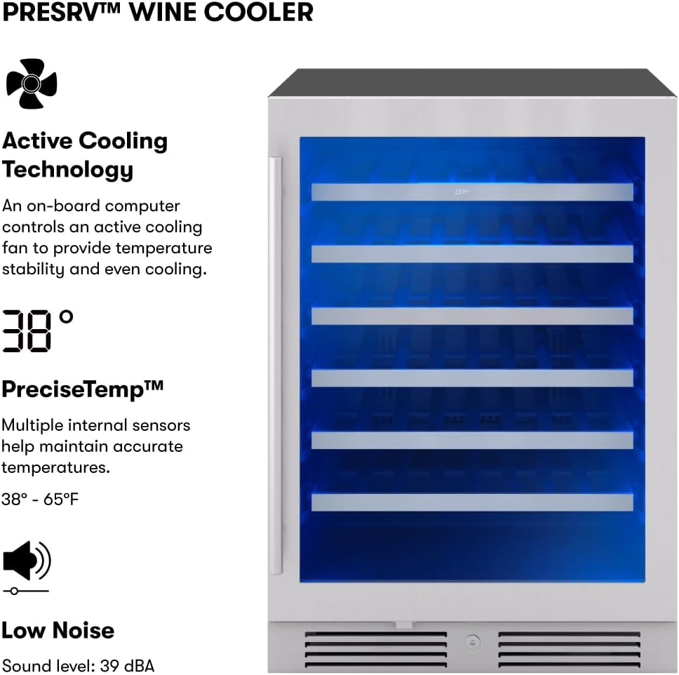 Zephyr Presrv 24' Wine Fridge Single Zone Under Counter - Countertop Wine Cooler Cellars Cabinet Wine Beverage Refrigerator Home Bar Chiller Freestanding with Glass Door, 53 Bottles 750ml