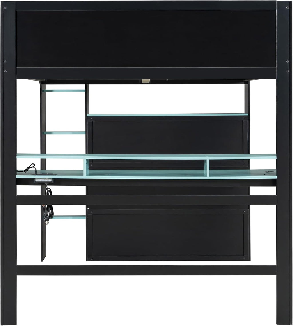 Full Size Gamer Loft Bed with Height-Adjustable Desk,Wardrobe,Ample Storage Space,and RGB Light, Wooden Bunk Bed for Gaming Setup (Cloud Blue/A1)