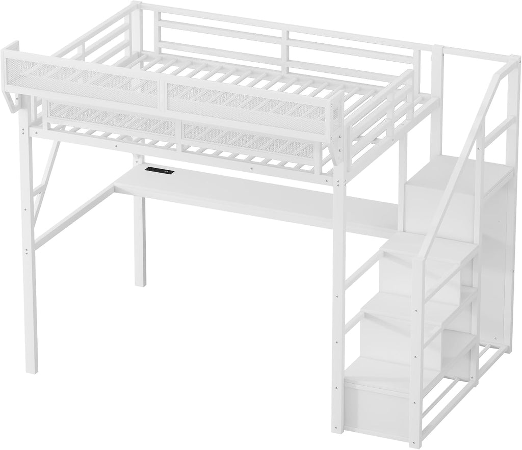 Full Size Loft Bed with Stairs and Desk, Metal Gaming Loft Bed Frame with Bedside Shelf and Light, Heavy-Duty Adults Lofts Beds with Storage Wardrobe & Charging Station, White