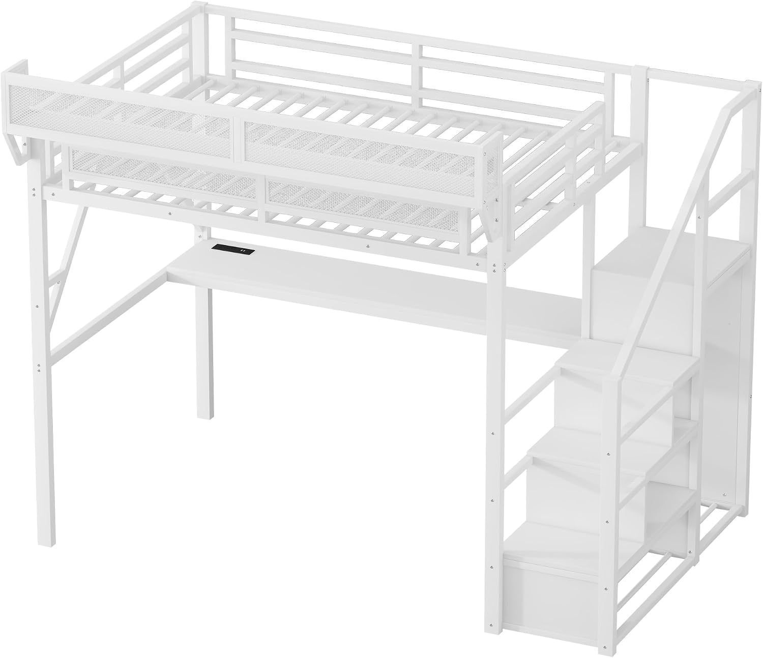 Full Size Loft Bed with Stairs and Desk, Metal Gaming Loft Bed Frame with Bedside Shelf and Light, Heavy-Duty Adults Lofts Beds with Storage Wardrobe & Charging Station, White
