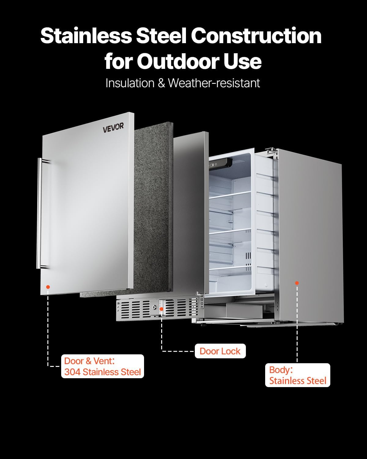 VEVOR 24-Inch Indoor/Outdoor Beverage Refrigerator, 150 QT Freestanding or Undercounter Beverage Fridge, 180 Cans Built-in Beer Fridge with Stainless Steel Body for Residential Home Bar Commercial Use