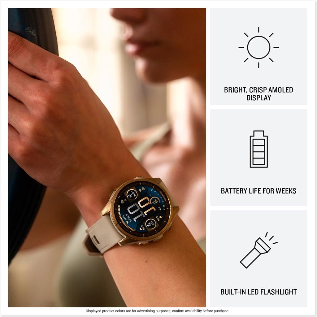 Garmin Fenix 8 Sapphire, 43mm Premium AMOLED Multisport GPS Smartwatch with inReach Technology, Health Tracking | Soft Gold with Dark Sandstone Band and Signature Series Modern Power Stand