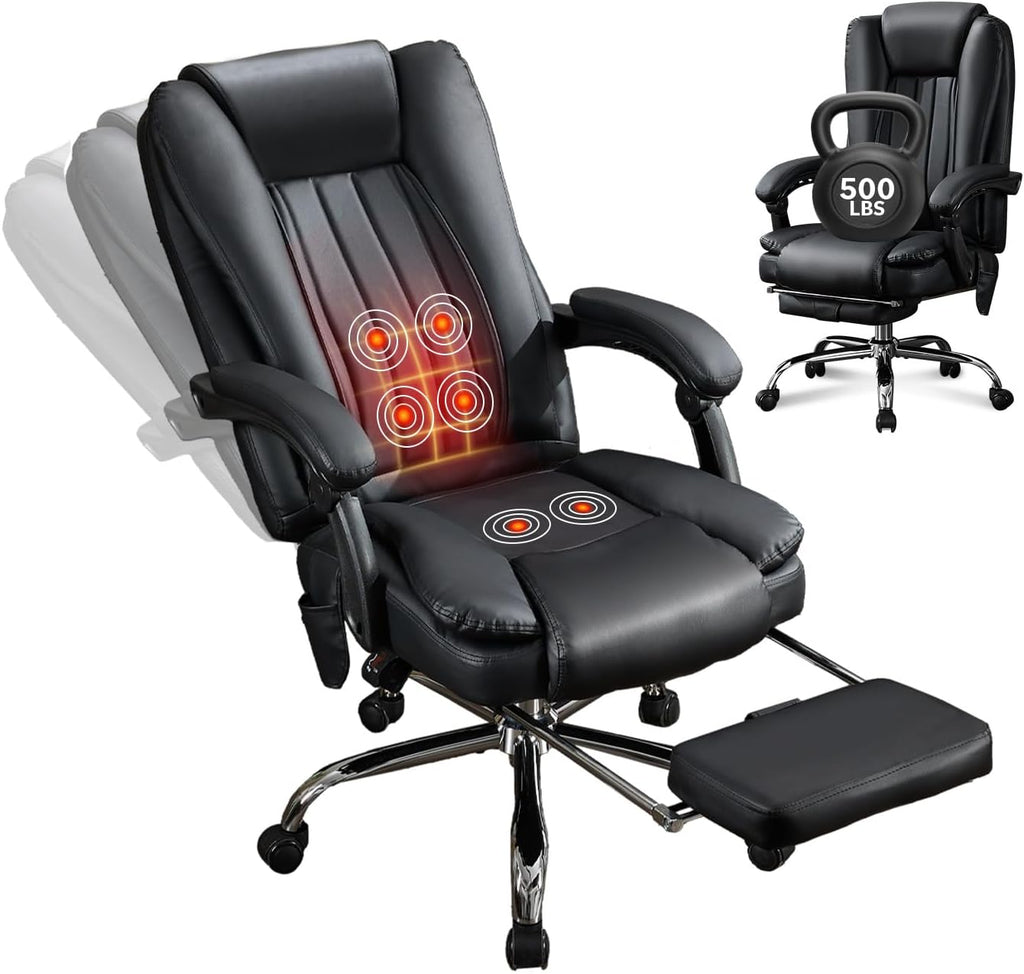 Massage Office Chair with Footrest, Heated 6-Point Vibration Ergonomic Executive Office Chair for Home, Big and Tall 500lbs Capacity Reclining High Back Computer Chair for Heavy People, PU Leather