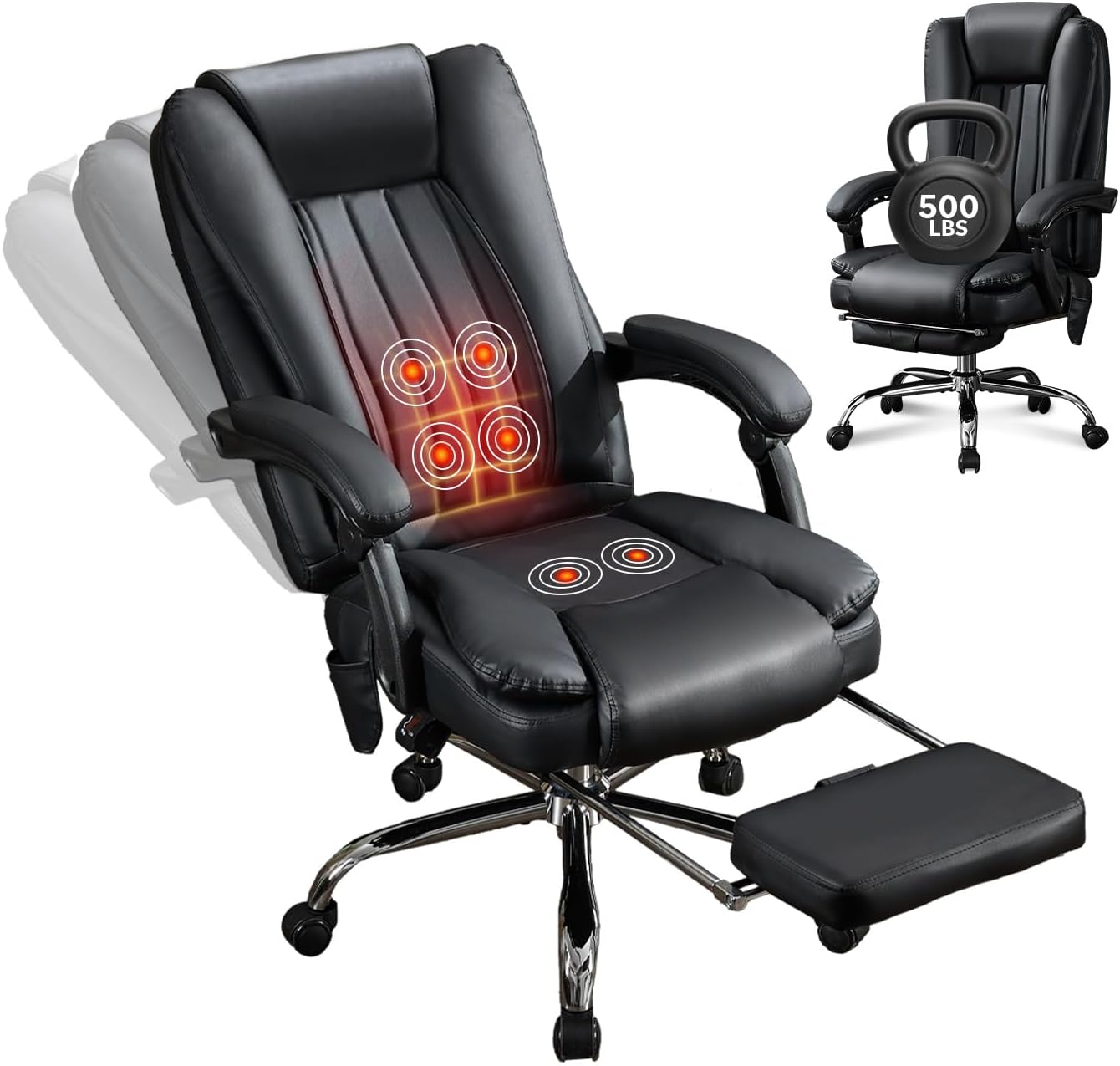 Massage Office Chair with Footrest, Heated 6-Point Vibration Ergonomic Executive Office Chair for Home, Big and Tall 500lbs Capacity Reclining High Back Computer Chair for Heavy People, PU Leather