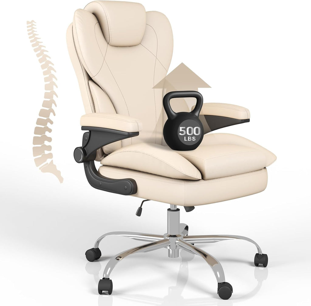Office Desk Chair, Executive Leather Office Chair, High Back Ergonomic Home Desk Chair with Padded Flip-up Arms, Big and Tall Computer Chair with Rocking Function, 360°Swivel Free, Beige