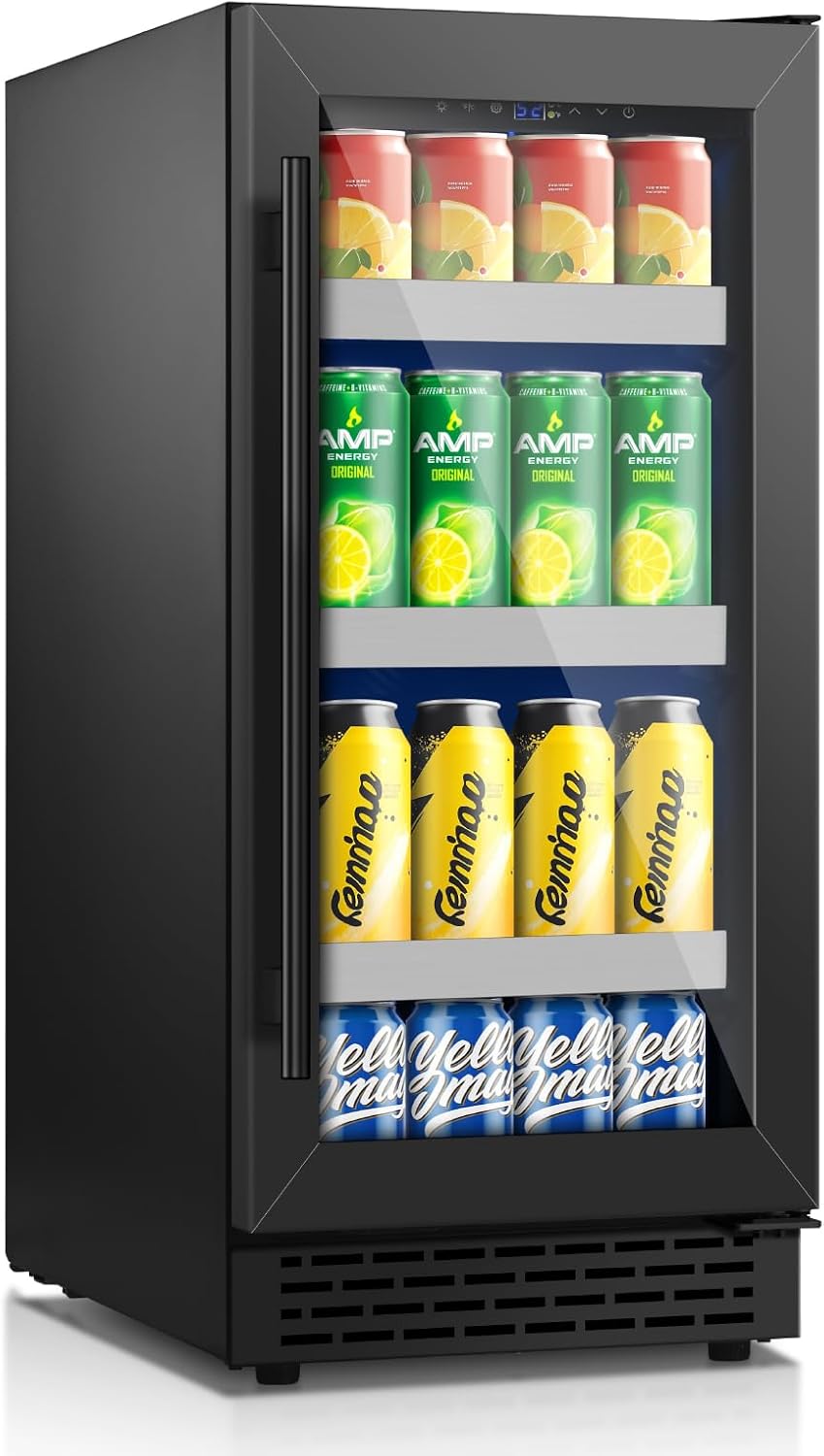 15 Inch Black Beverage Refrigerator, 130 Cans Beverage Cooler Under Counter,Freestanding 37-65°F Mini Beverage Fridge with Glass Door& Stainless Steel Shelves