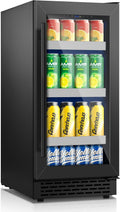 15 Inch Black Beverage Refrigerator, 130 Cans Beverage Cooler Under Counter,Freestanding 37-65°F Mini Beverage Fridge with Glass Door& Stainless Steel Shelves