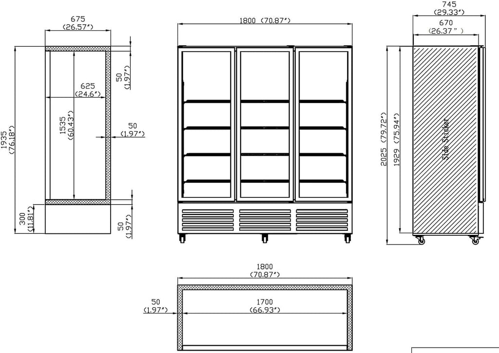 71' Wide Commercial Beverage Refrigerator Display Fridge, Three Glass Door Merchandiser Drink Cooler With LED Light 9 Adjustable Shelves,ETL Sanitation,64.5 Cu Ft,White,(Wheels Included)