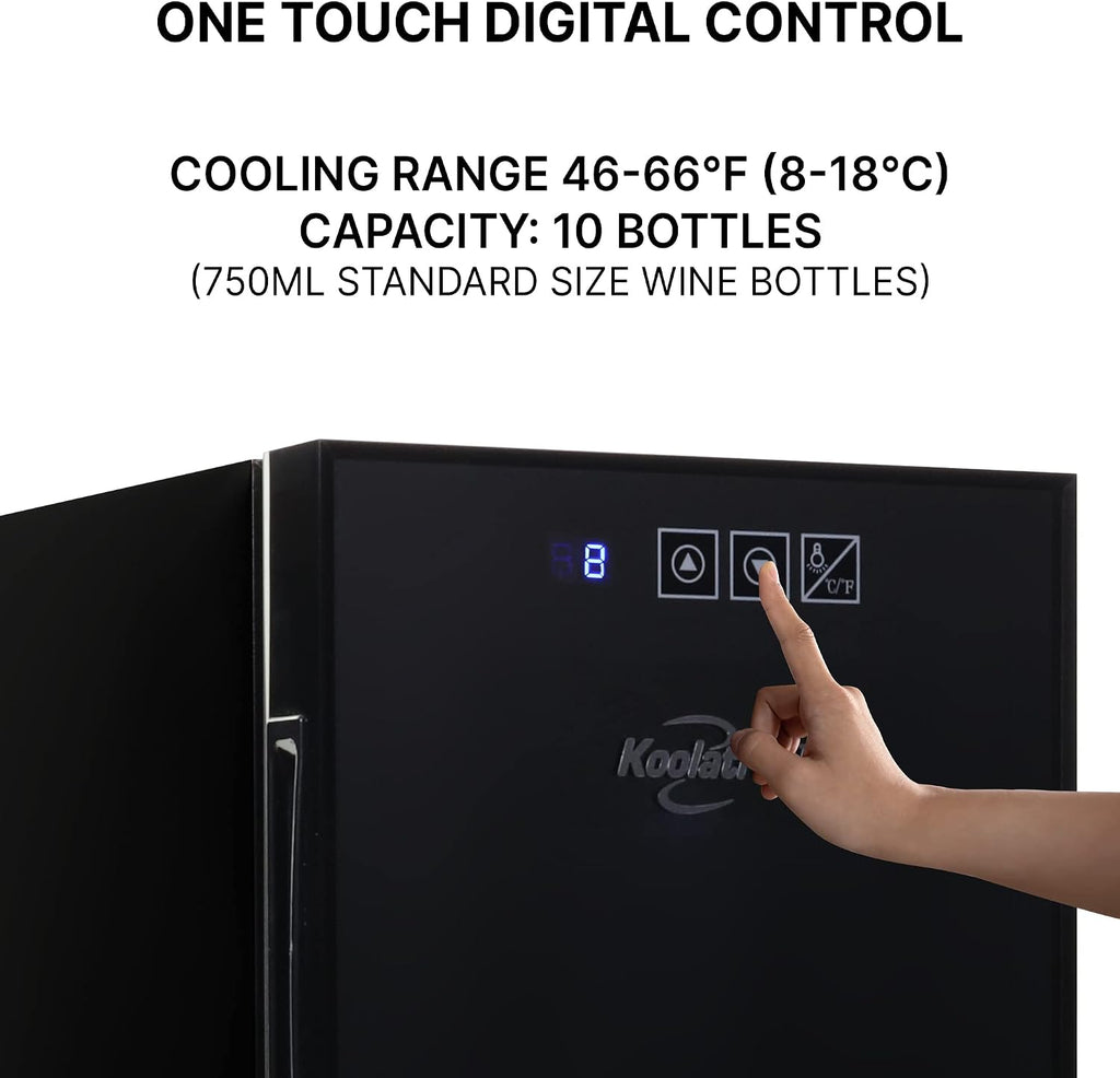 Koolatron 10 Bottle Wine Cooler, Black, Thermoelectric Wine Fridge, 1 cu. ft. Freestanding Wine Cellar, Red, White and Sparkling Wine Storage for Small Kitchen, Apartment, Condo, RV