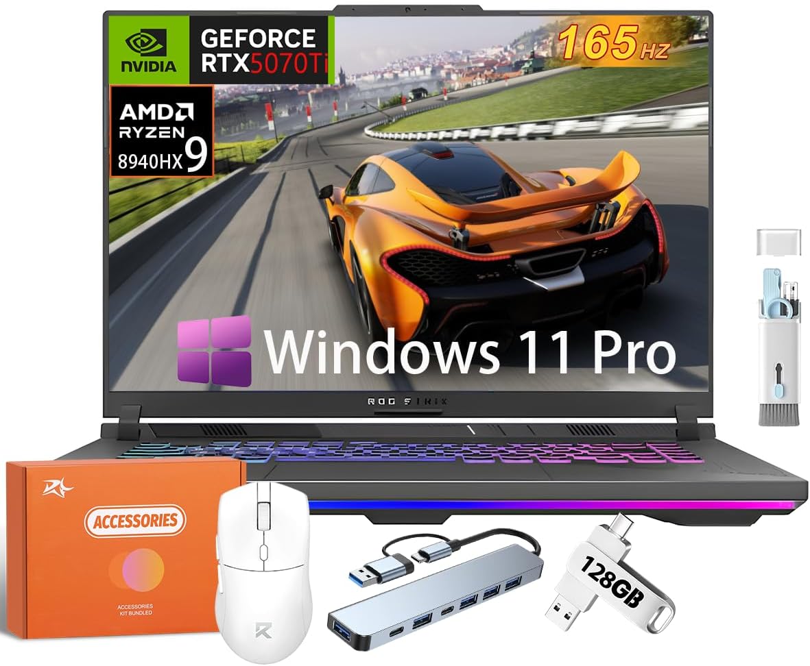 ASUS ROG Strix G16 Gaming Laptop, AMD Ryzen 9 8940HX (Up to 5.3 GHz), GeForce RTX 5070Ti 12GB GDDR7, 16' WUXGA 165Hz Display, 64 GB DDR5 RAM, 2 TB SSD, Backlit KB, Windows 11 Pro, w/Accessories