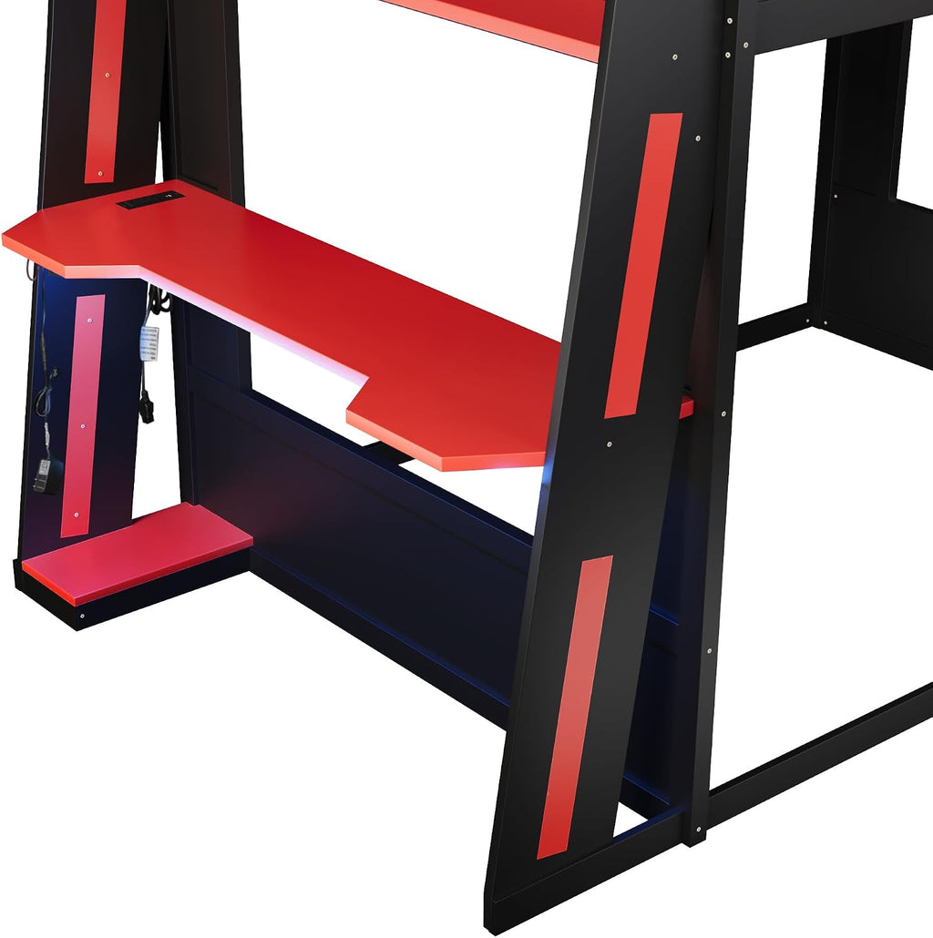 Queen Size Wooden Gaming Bunk Bed with Desk, Two Storage Shelves, USB and LED Light, Sturdy Loft Bed for Gamers & Small Spaces (Black+Red1)