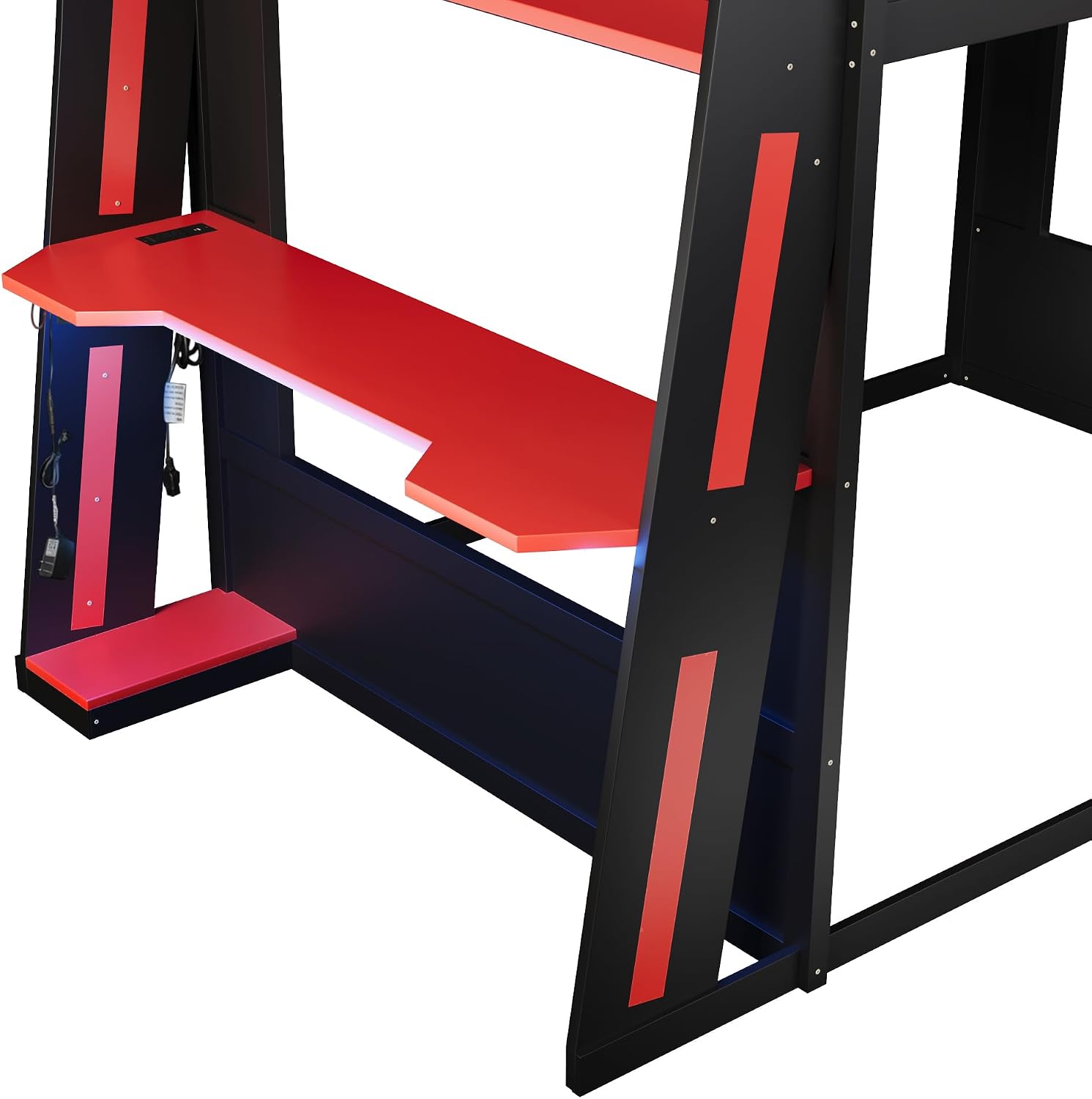 Queen Size Wooden Gaming Bunk Bed with Desk, Two Storage Shelves, USB and LED Light, Sturdy Loft Bed for Gamers & Small Spaces (Black+Red1)