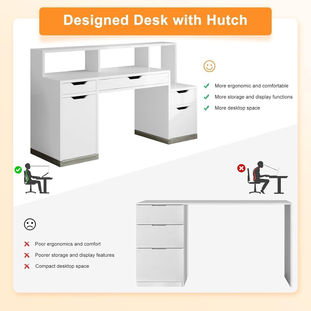 MaverickFurni Computer Desk with 4 Drawer & Storage Shelves, 58' White Office Desk with File Drawer & Cabinet, Small Study Desk with Monitor Stand & Printer Shelf for Bedroom, Small Spaces, White