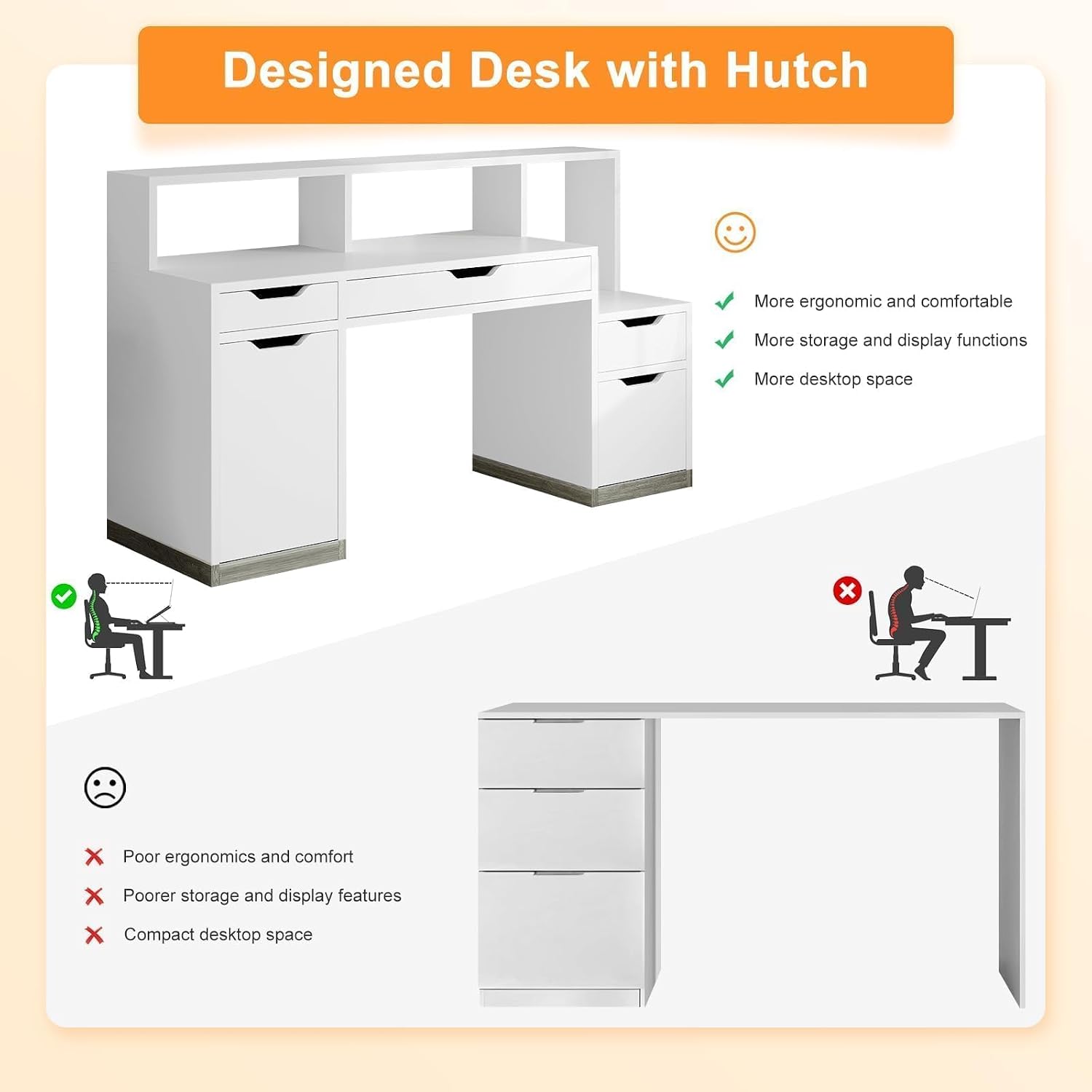 MaverickFurni Computer Desk with 4 Drawer & Storage Shelves, 58' White Office Desk with File Drawer & Cabinet, Small Study Desk with Monitor Stand & Printer Shelf for Bedroom, Small Spaces, White