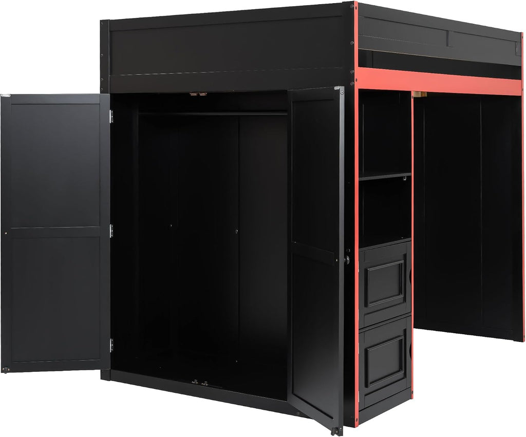 SOFTSEA Full Size Gaming Loft Bed with Desk & Storage Stairs, Solid Wood Loft Bed with LED Lights, Wardrobe and Shelves, Space-Saving Gaming Bed for Kids Teens Adults, Black + Red