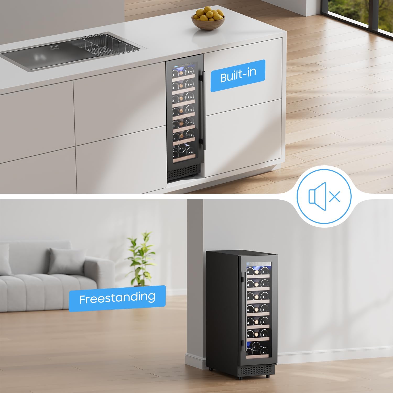 12' Wine Cooler Refrigerator 21 Bottle Wine Fridge Built-in or Freestanding with Double-Layer Tempered Glass Door Compressor quick cooling, Low Noise