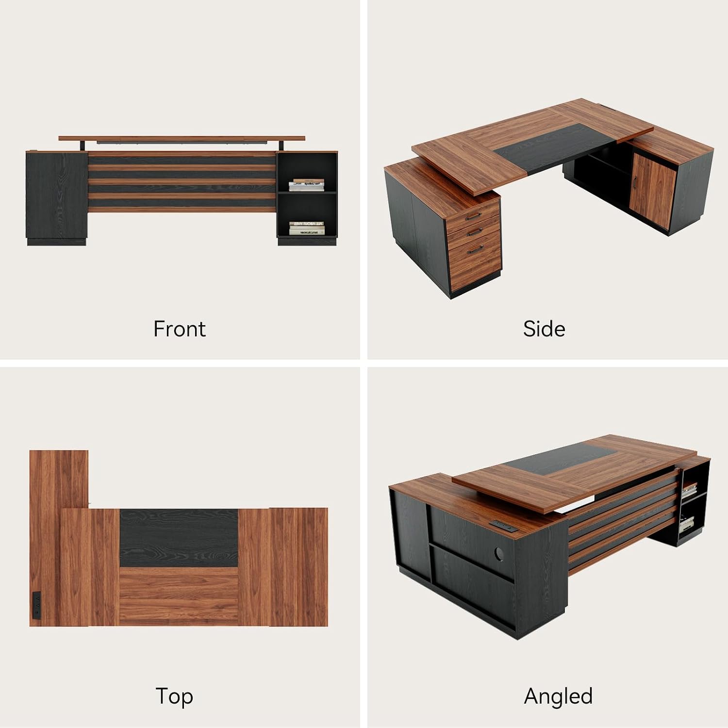 Epecoya Executive L-Shaped Desk with Storage Cabinet, 78-Inch Large Home Office Desks with Power Outlet and Lateral File Cabinet, Modern Computer Desk with Drawers and Open Shelf, Brown Black