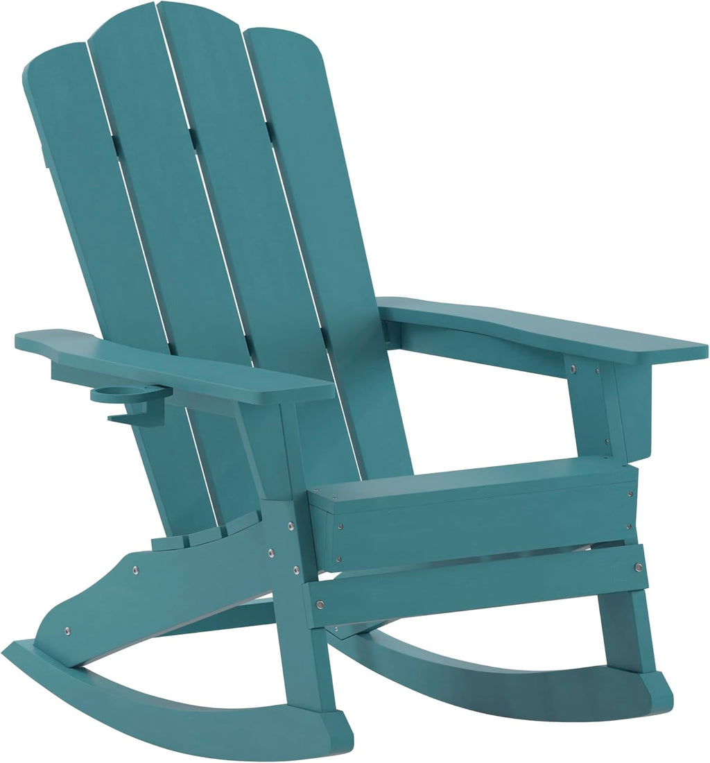 EMMA + OLIVER Tiverton Adirondack Rocking Chair with Cup Holder, Weather Resistant Poly Resin Adirondack Rocking Chair, Blue