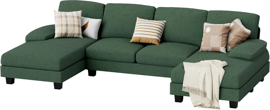JUMMICO Sectional Couches for Living Room, U Shaped Couch with Chenille Fabric, 4 Seat Modern Sofa with Removable Pillows for Apartment and Small Space (Corduroy, Light Green)