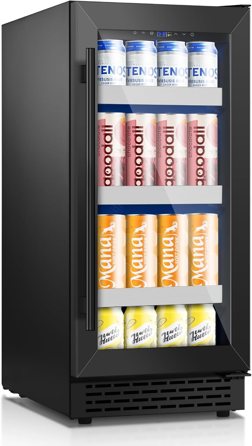 15 Inch Black Beverage Refrigerator,130 Cans Beverage Cooler Under Counter/Freestanding with Glasses Door,Drink Fridge Upgraded Compressor and Reversible Door for Beer,Soda,Juice-Home,Office
