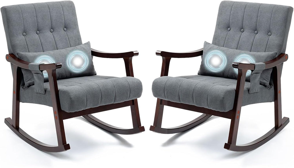 AVAWING Upholstered Rocking Chair Set of 2, Small Fabric Glider Rocker with 2-Point Massage Lumbar Pillow and Solid Wood Legs, for Bedroom and Living Room, Dark Grey