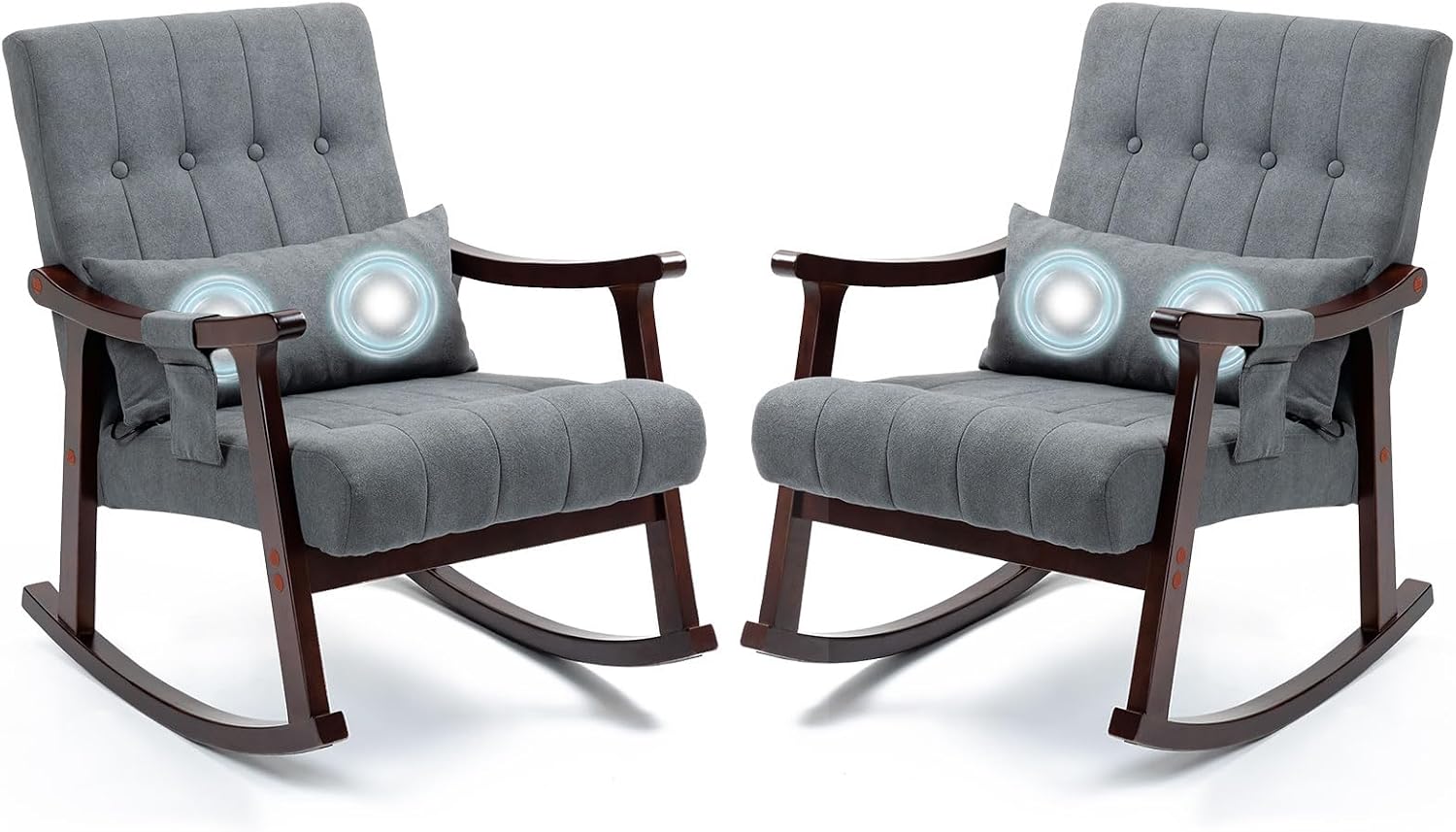AVAWING Upholstered Rocking Chair Set of 2, Small Fabric Glider Rocker with 2-Point Massage Lumbar Pillow and Solid Wood Legs, for Bedroom and Living Room, Dark Grey