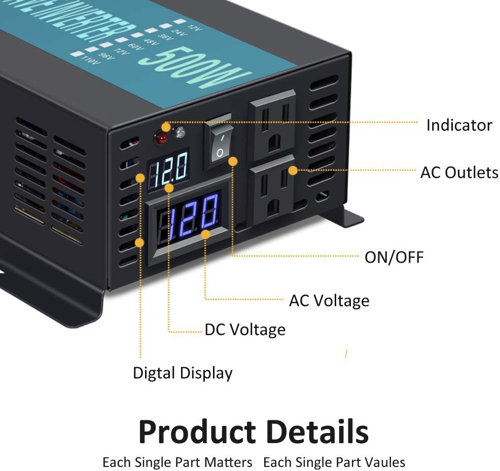 WZRELB RBP-500S-LED 500w Pure Sine Wave Solar Power Inverter 12v 120v 60hz(Black)