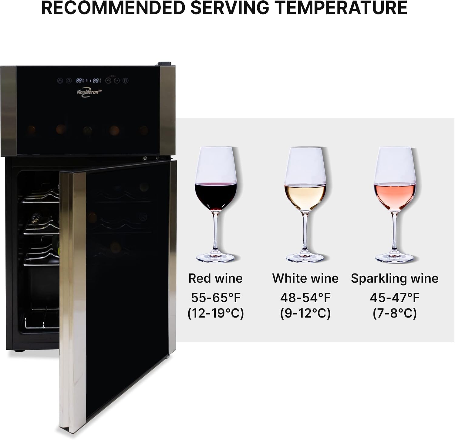 Koolatron 29 Bottle Dual Zone Wine Cooler, Black, 3 cu ft (86L) Compressor Wine Fridge, Freestanding Wine Cellar, Red, White, Sparkling Wine Storage in Home Bar, Kitchen, Apartment, Condo