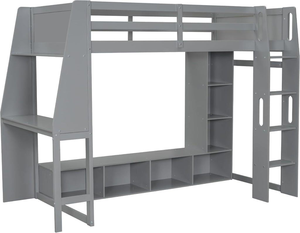 Solid Wood Gaming Loft Bed Twin Size with Desk & Shelves & Hanging Rack & LED,Esports Design for PC & Console Gamers,Space Saving Loft Bed Frame with Guardrails & Ladder,No Box Spring Needed,Gray