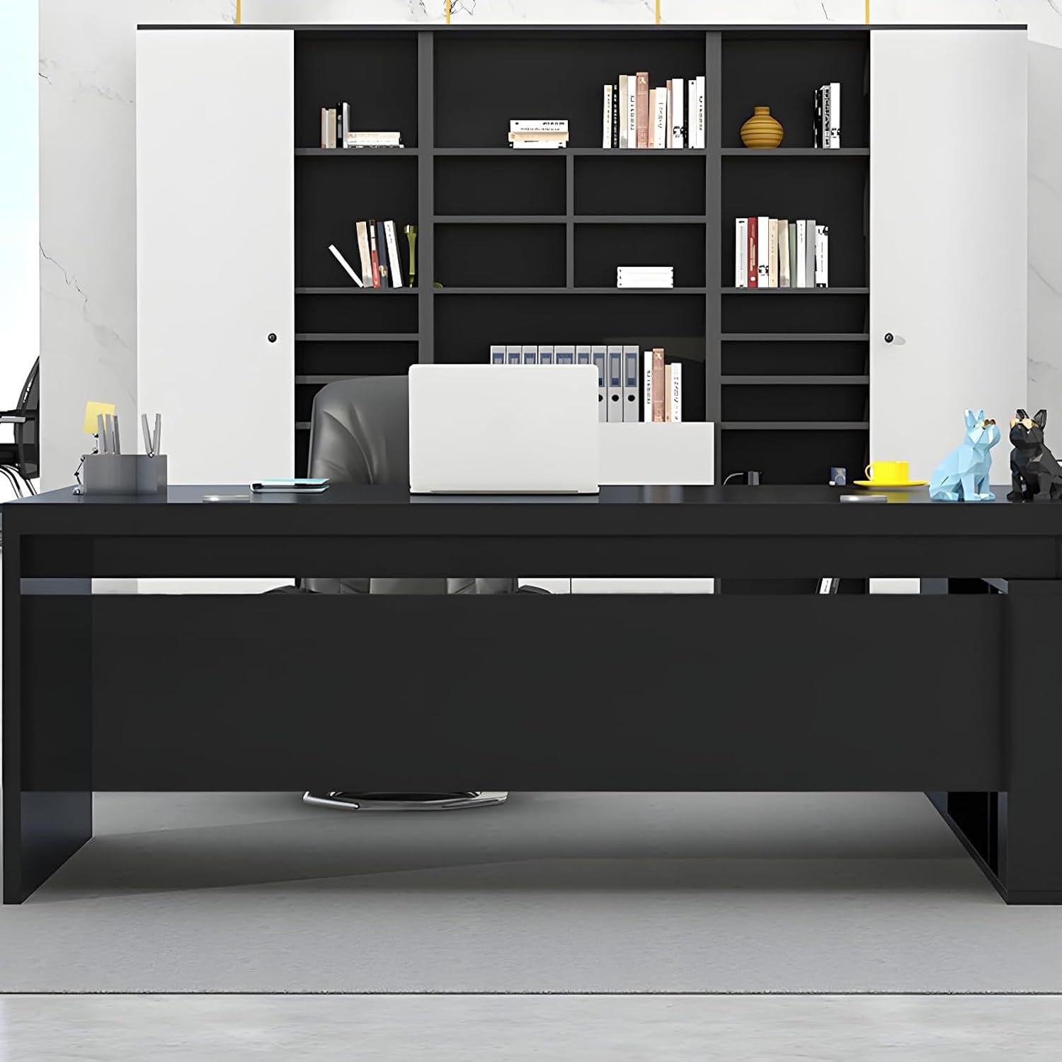 Office Computer Desk L-Shape Home with Wood Base Executive Boss Table, Computer Desk with Drawers and Storage Shelves, U Shaped (Black, 55' L x 24' W x 30' H)