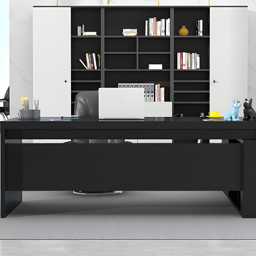 Office Computer Desk L-Shape with Wood Base, Boss Table, Home Furniture Set with Drawers and Storage Shelves, U Shaped (Black, 63' L x 32' W x 30' H)