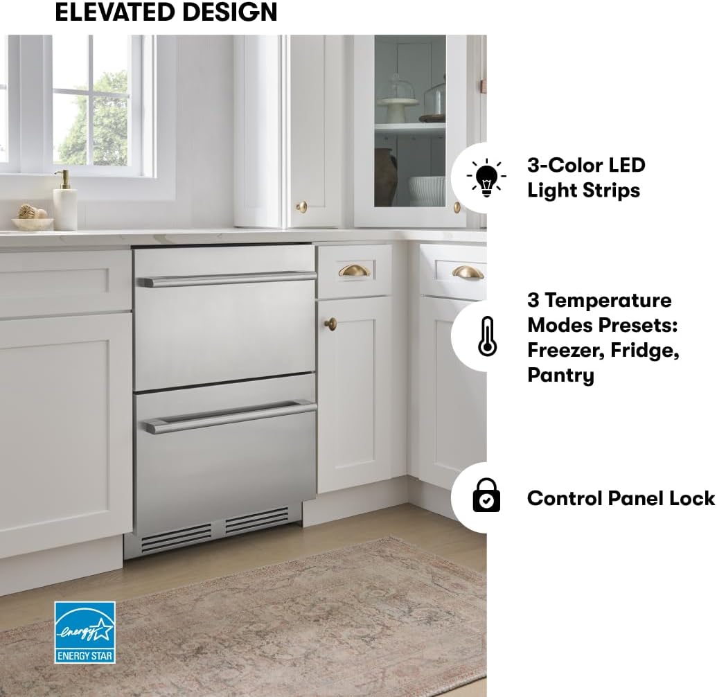 Zephyr 24' Presrv™ Dual Zone Refrigerator Freezer Drawers - Built In Fridge with Modes for Freezer, Fridge and Pantry, Convertible -7° – 65° F (each zone), LED Lighting, Soft Close, PRRFD24C2AS