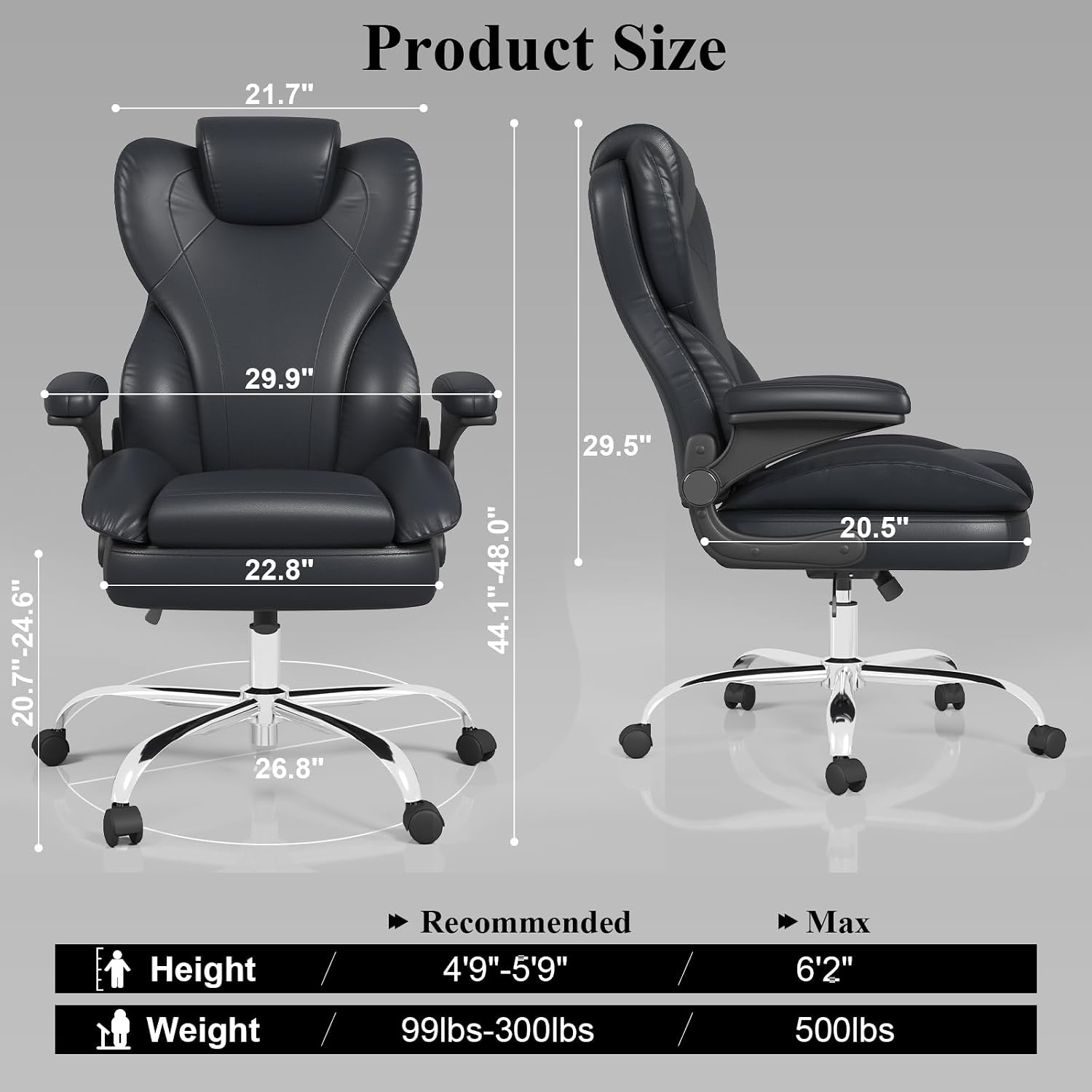 Office Desk Chair, Executive Leather Office Chair, High Back Ergonomic Home Desk Chair with Padded Flip-up Arms, Big and Tall Computer Chair with Rocking Function, 360°Swivel Free, Black