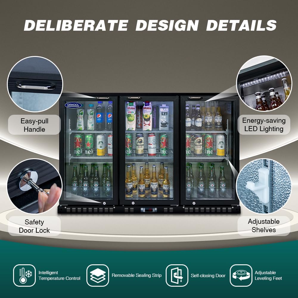 Back Bar Cooler - 480 Can Capacity Beverage Refrigerators, 3 Hinged Glass Doors, LED Lighting, Adjustable Shelves, Safety Door Lock, Perfect for Bars, Restaurants & Home