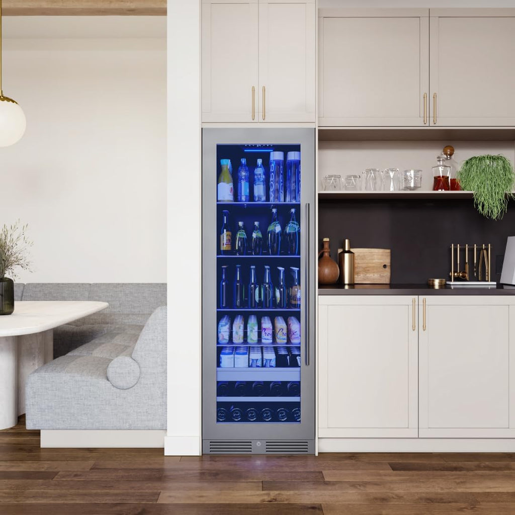 Zephyr 24 Inch Wine Fridge & Beverage Refrigerator Single Zone Full Size - Tall Wine Cooler Cellars Large Bar Drink Cabinet Freestanding with Glass Door - 266x12oz cans & 14x750 ml bottles