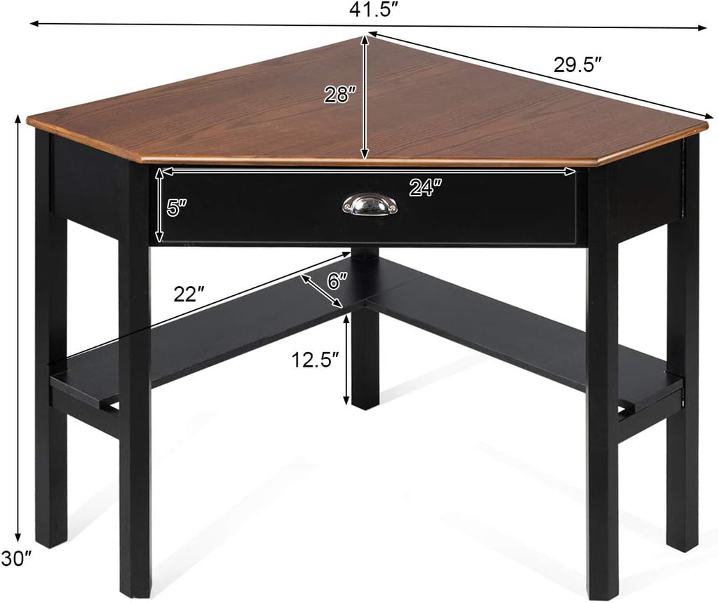 Tangkula Corner Desk, Corner Computer Desk with Drawer for Small Space, Small Corner Makeup Vanity Desk, 90 Degrees Triangle Corner Desk with Storage Shelves (Coffee & Black)
