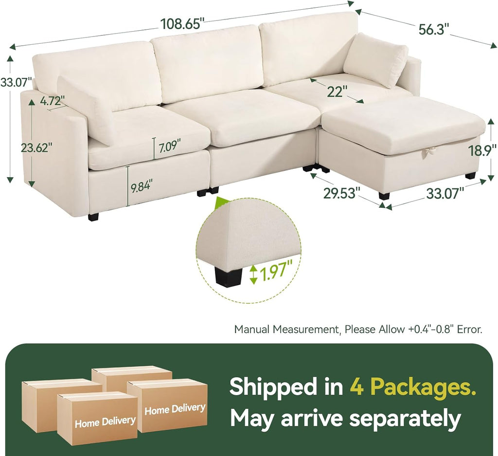 Vogue Furniture Direct 109'' Modular Sectional Sofa, L Shaped Couch with Storage Ottoman, Comfy Cloud Sofa with Deep Seat, 4 Seat Convertible Sectional Couches for Living Room (Beige, Low Legs 1.97')