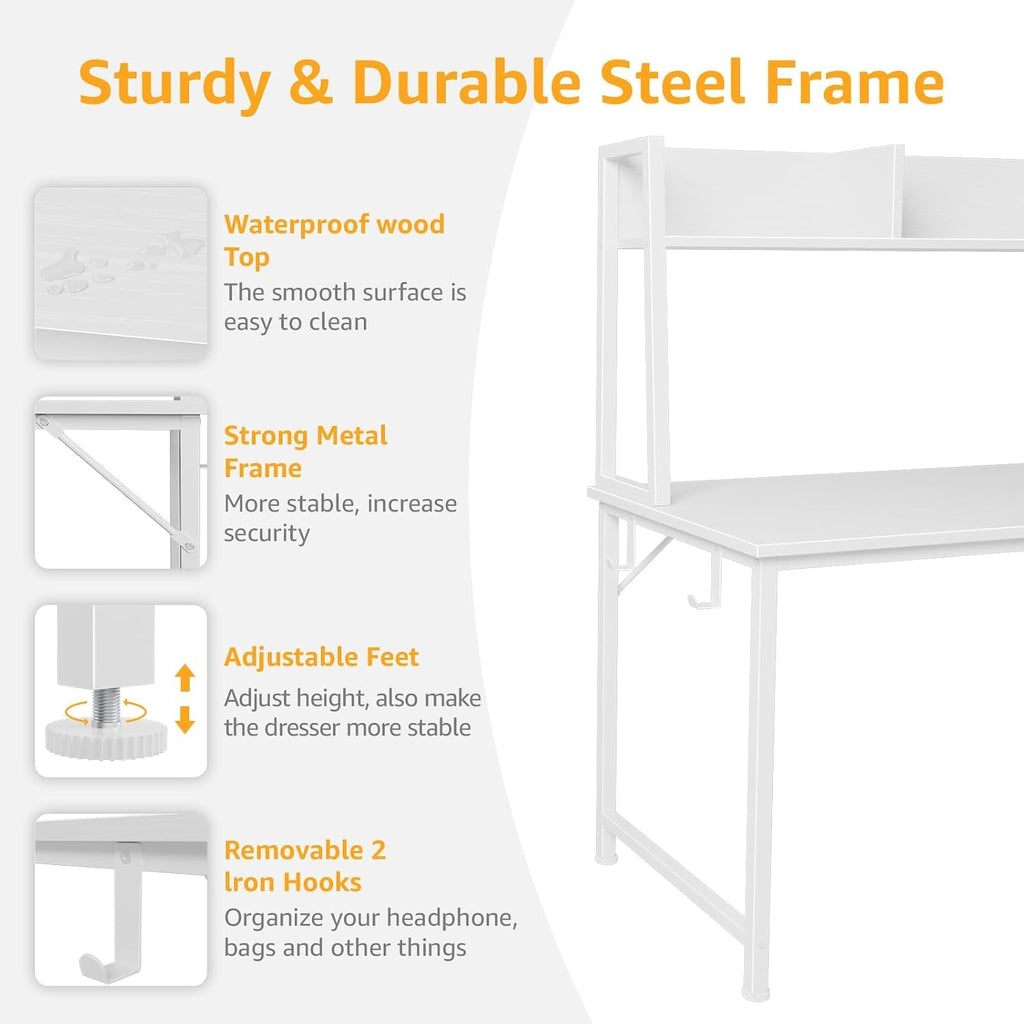 DLisiting White Computer Desk with Hutch & Drawers - 47 Inch Modern Study Writing Office Desk with 3 Storage Drawers and Power Outlets for Bedroom Home Office