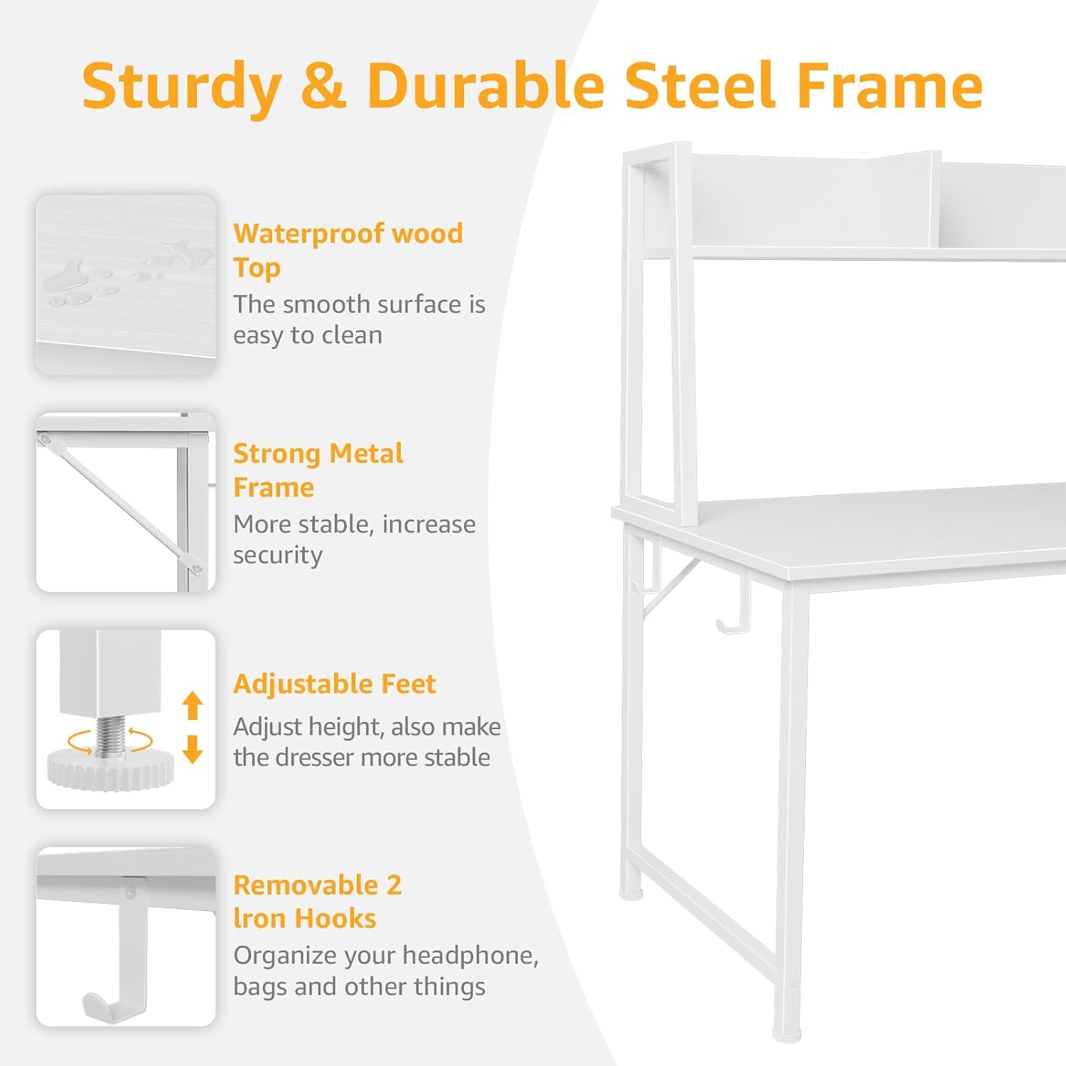 DLisiting White Computer Desk with Hutch & Drawers - 47 Inch Modern Study Writing Office Desk with 3 Storage Drawers and Power Outlets for Bedroom Home Office