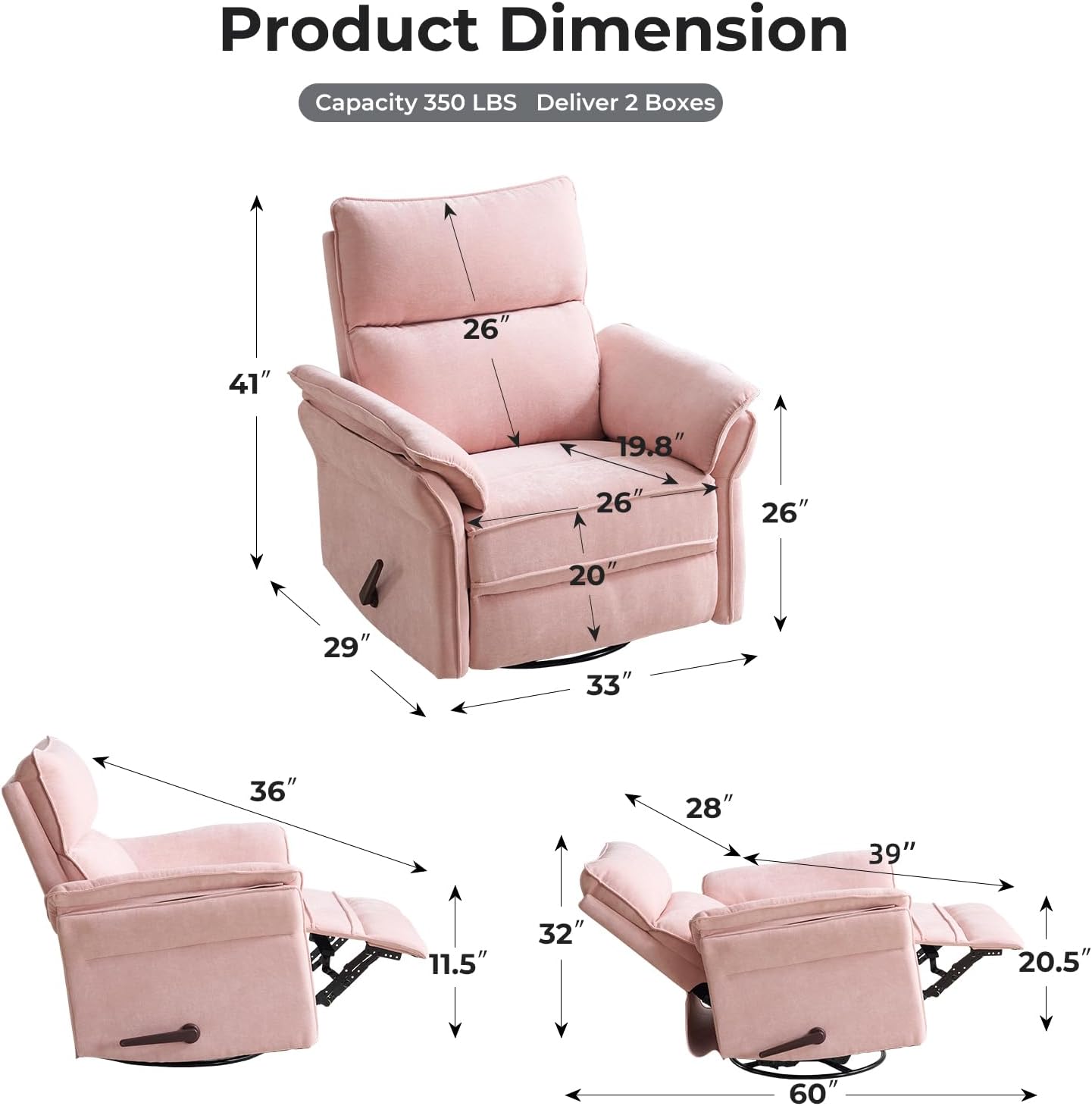 Oversized Recliner Chair, 26' Extra Wide 360° Swivel Rocker Recliner with Adjustable Headrest, Chenille Glider Rocking Nursery Chair with Overstuffed Armrest, Lumbar Support, Pink