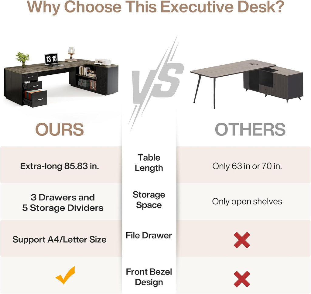 Tribesigns 85.8-Inch L-Shaped Executive Desk with File Drawers, Door Cabinet & Shelves, Extra Large Commercial Office Desk, Modern Professional Office Table Business Furniture, Grey & Black