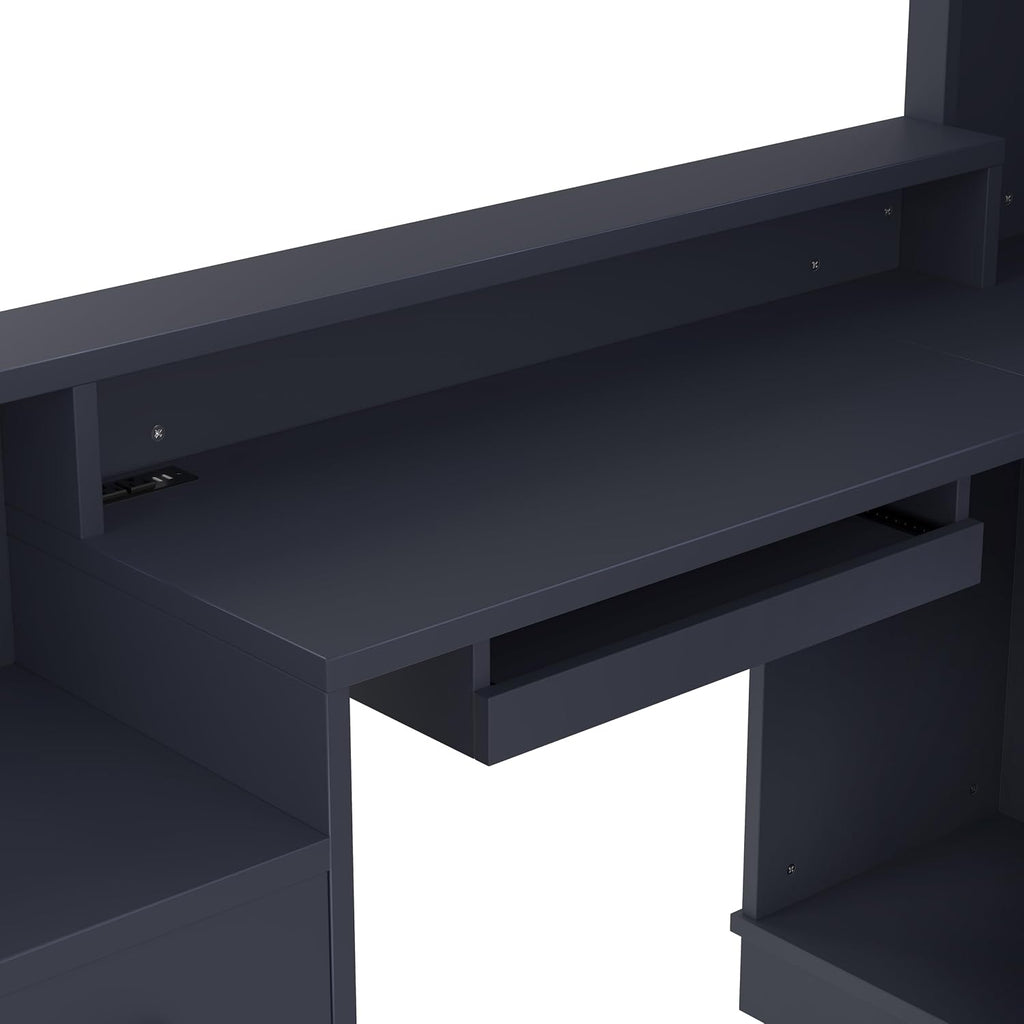 Bellemave L-Shaped Computer Desk with Power Outlet & Storage - Modern Corner Gaming Desk with Bookshelf and Drawers, Study Writing Workstation for Home Office, Blue