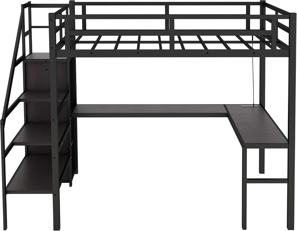 Metal Twin XL Size Loft Bed with Desk and Wardrobe,Heavy Duty Loft Bed Frame with Storage Stairs,LED Lights and Charging Station for Kids,Teens,Adults,Space Saving,Black