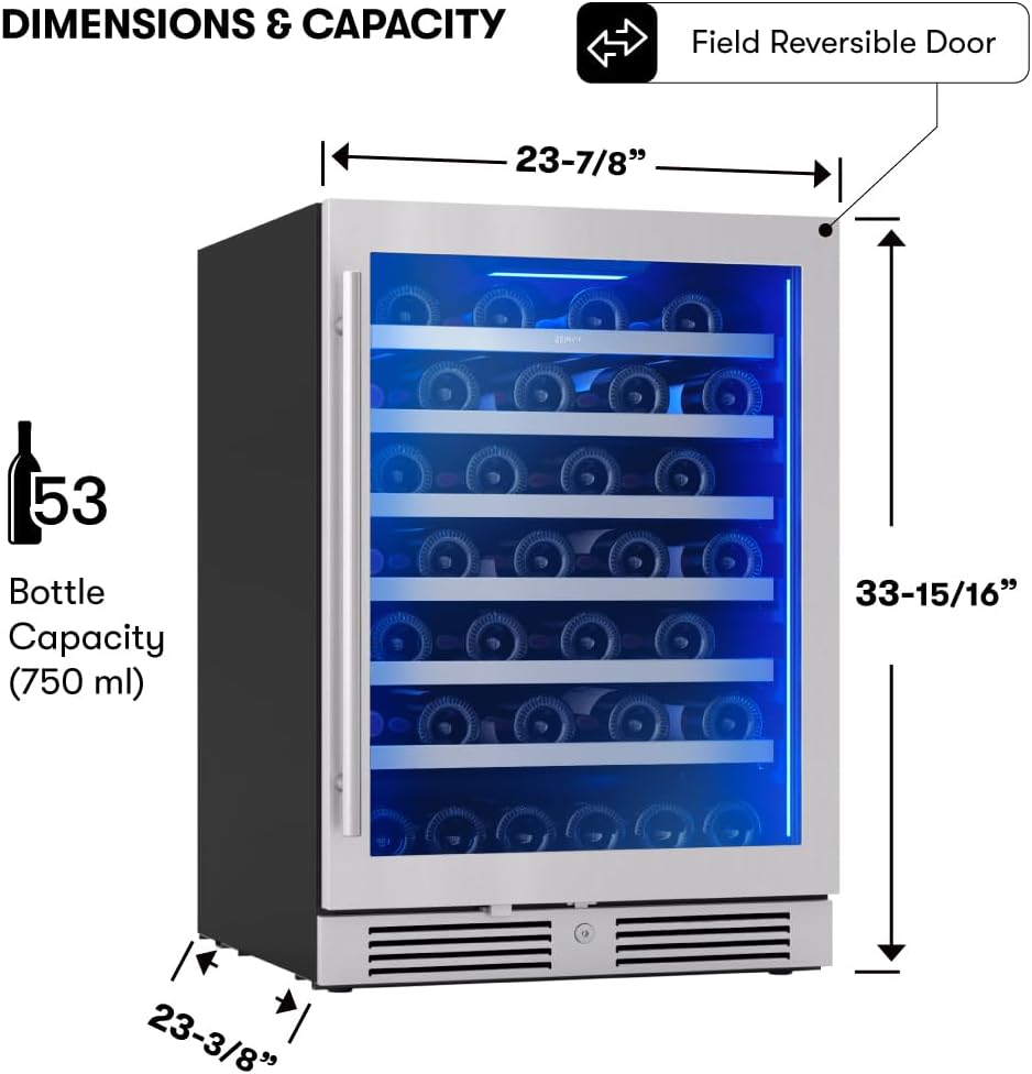 Zephyr Presrv 24' Wine Fridge Single Zone Under Counter - Countertop Wine Cooler Cellars Cabinet Wine Beverage Refrigerator Home Bar Chiller Freestanding with Glass Door, 53 Bottles 750ml