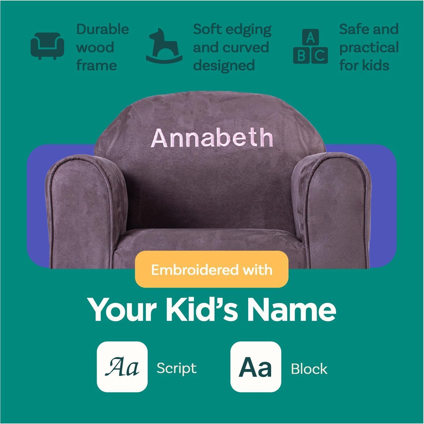 Keet Personalized Toddler Chair, Customize with Name, Soft Microsuede Upholstery, Embroidered Kids Armchair, Sturdy Wooden Frame, Easy to Clean, Ages 2–5, Gift-Ready Toddler Chair for Playrooms.