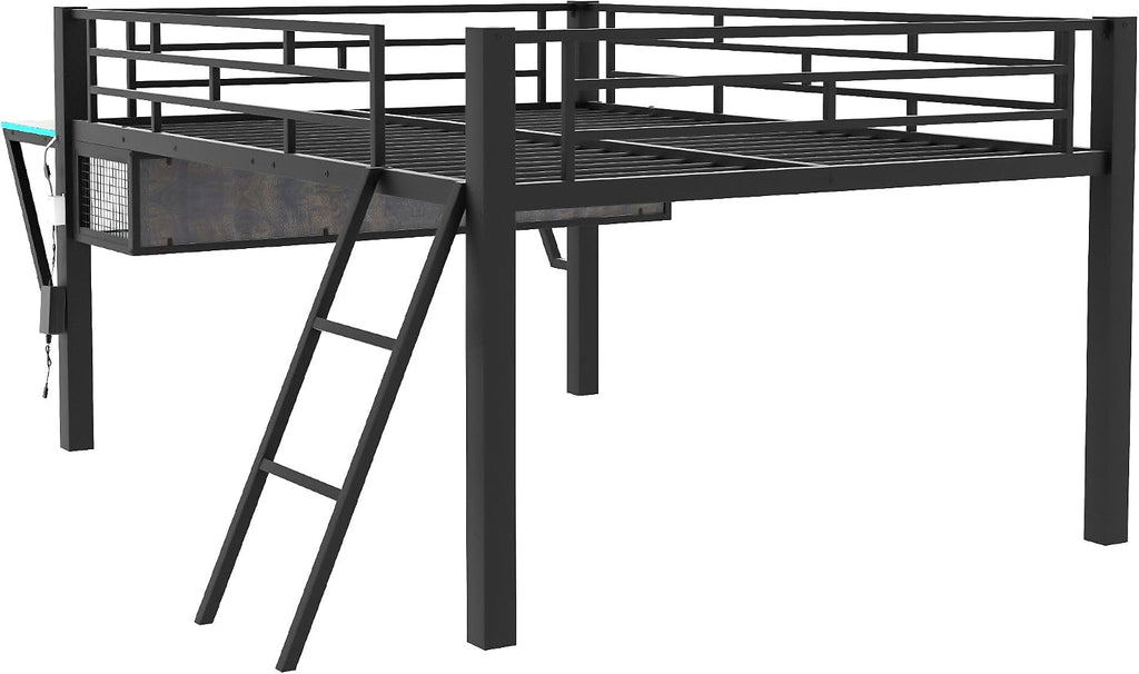 Linique Full Size Gaming Loft Bed with Desk, LED and Staircase, Metal Bed Frame with Vented Mesh Undercarriage Storage, Black