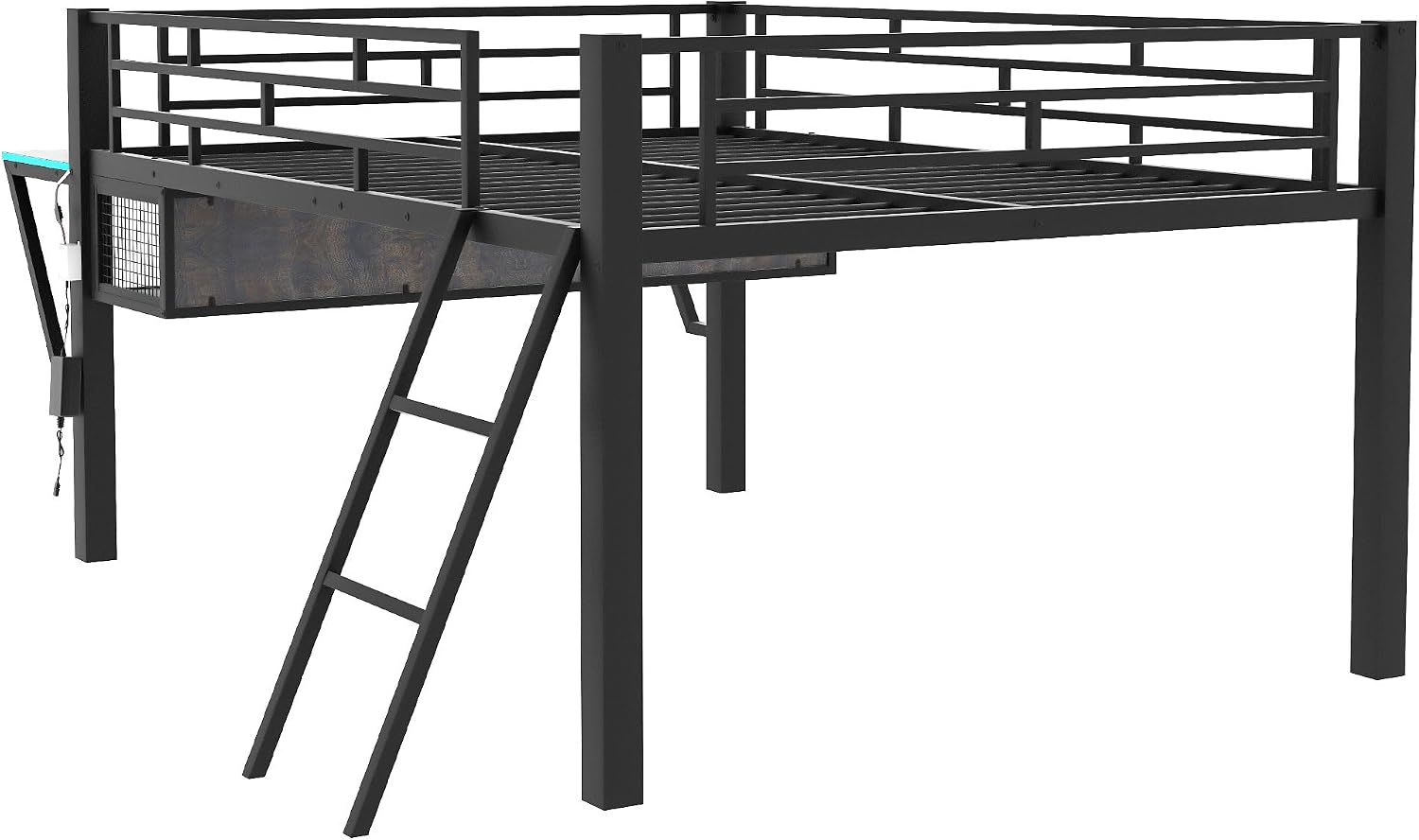 Linique Full Size Gaming Loft Bed with Desk, LED and Staircase, Metal Bed Frame with Vented Mesh Undercarriage Storage, Black
