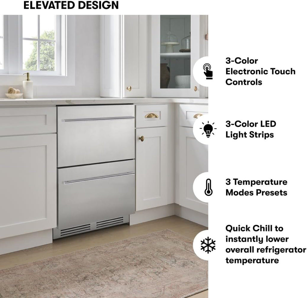 Zephyr Presrv 24 Inch Single Zone Refrigerator Drawers Wine & Beverage Fridge, Stainless Steel Wine Cooler Home Bar Under Counter Freestanding Built In, Energy Star Certified, 5.4 Cu. Ft